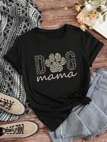 Camiseta de verano de manga corta y cuello redondo con estampado de pata de perro y estampado de leopardo para mujer talla grande, camiseta con estampado gráfico de guepardo, tops para mujer - Negro - Ver 1