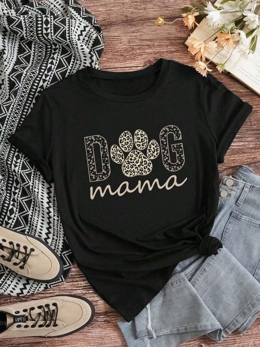 Camiseta de verano de manga corta y cuello redondo con estampado de pata de perro y estampado de leopardo para mujer talla grande, camiseta con estampado gráfico de guepardo, tops para mujer - Negro - Ver 1