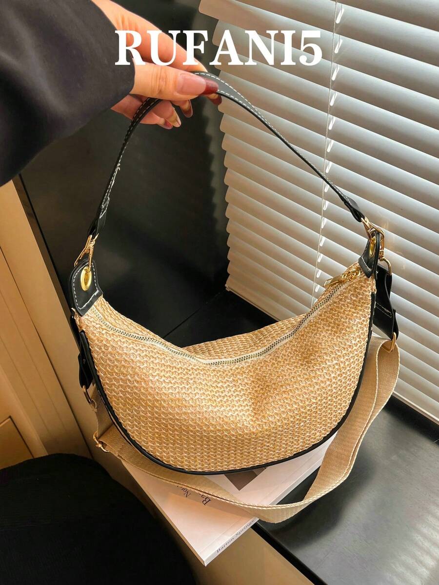 这款休闲撞色草编迷你新月形手提包，是一款百搭优雅的沙滩度假风女士斜挎包，适合购物、装钱包、休闲出行，尤其适合年轻女性、大学生、职场新人以及白领人士。它也非常适合办公室、大学校园、工作、商务出行、通勤、户外活动、旅行和郊游等场合。