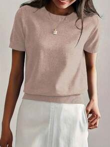 Camiseta de punto de manga corta de unicolor y peso ligero para mujer, top de verano minimalista en rojo - Rosa marrón - Ver 3