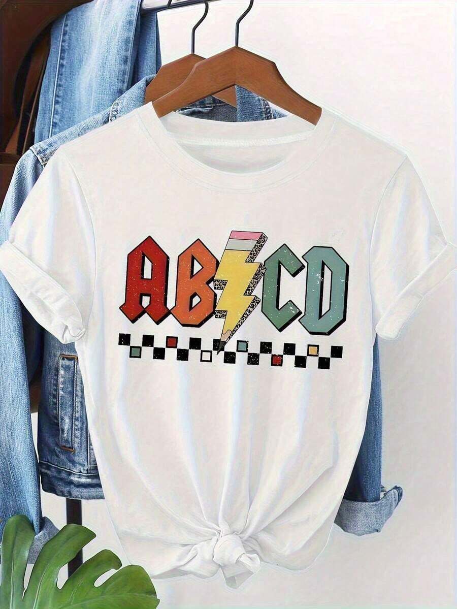 Camiseta Retro con Estampado de Rayo para Mujer - Diseño Vintage con Letras ABFCD y Cuadros, Camiseta Casual de Manga Corta y Cuello Redondo para Primavera/Verano, Blanca con Estampado Colorido, Camisetas para Damasblusas para mujer>ropa - Blanco - Ver 1