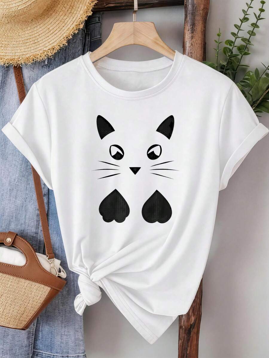 Vintage, Retro, Y2K - Women's Pure Cotton T-Shirt, Slim Fit Short Sleeve Tee, Simple Style With Cat Face And Heart Paw Print Design, Soft To The Touch Fabric, Casual Women's Top, Fashion Top - Maternity, Summer, Winter - 白色 - 查看 1
