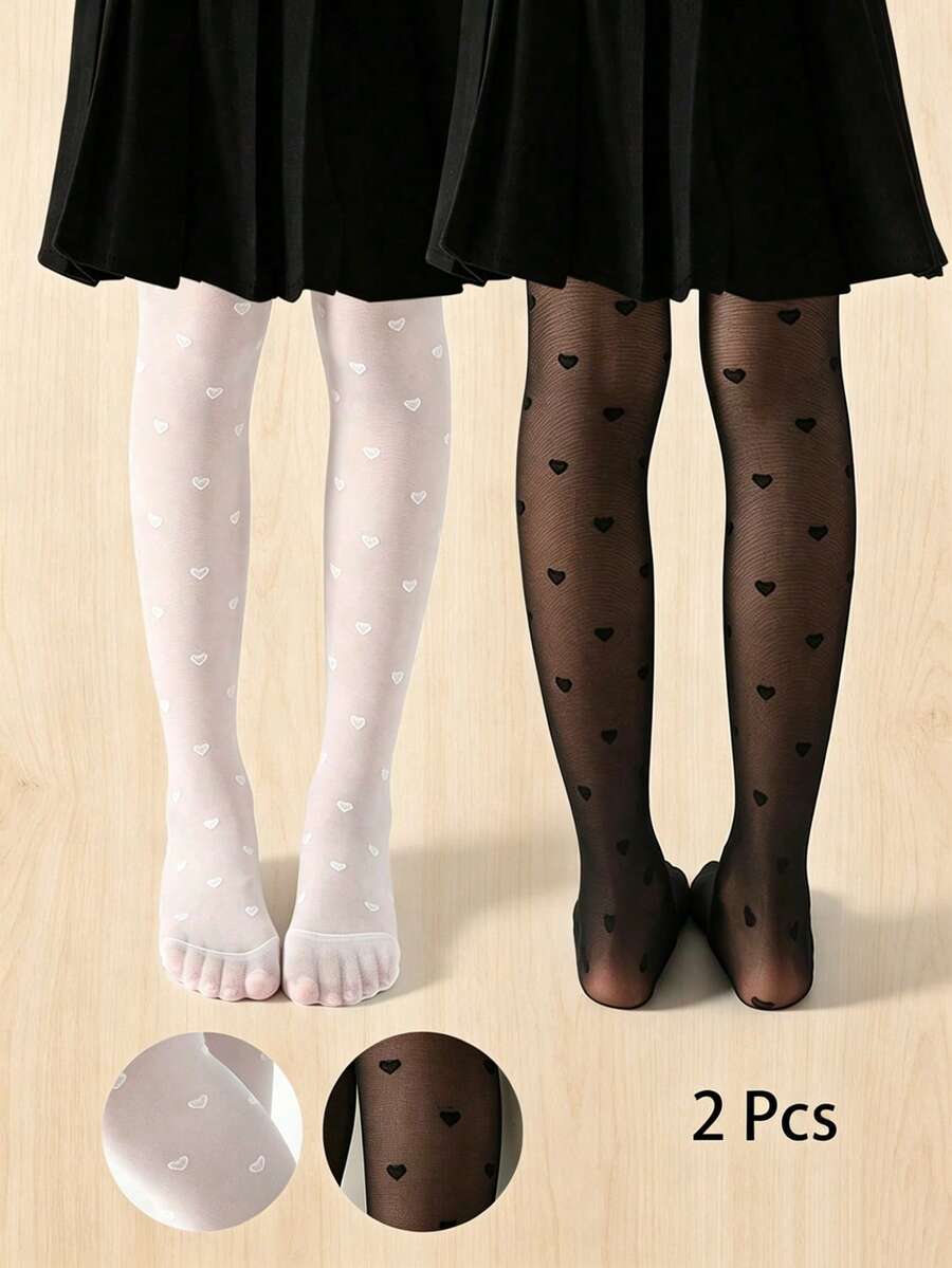 2双装女童连裤袜，婴儿连裤袜，儿童修身紧身裤，薄款爱心图案无脚打底裤，网眼打底裤，黑色、白色、纯色，校园风可爱款，儿童舞蹈裤，柔软舒适，适合春夏穿着，日常百搭，四季皆宜，派对搭配，也可作舞蹈袜使用。 - 彩色 - 查看 1