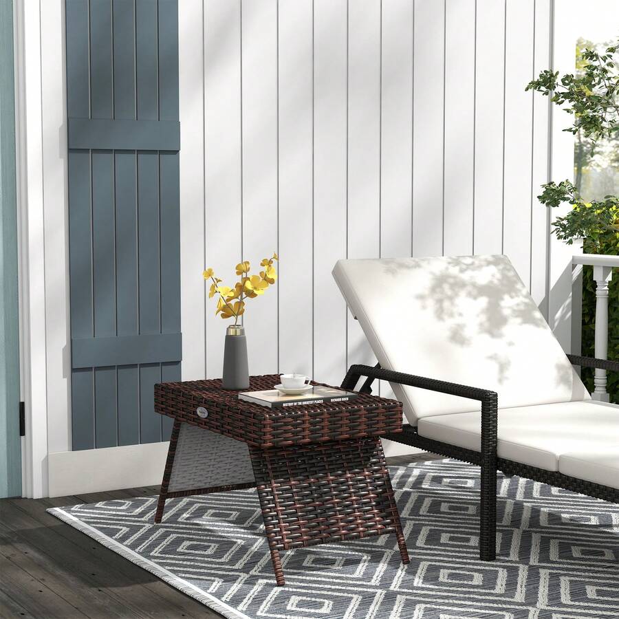 Folding Rattan Garden Table, Weather Resistant, Brown, 60 X 41 X 41 Cm, Ideal For Balcony And Terrace. - Brown - View 1