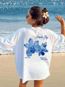 This Short-Sleeve Crew Neck T-Shirt With A Colorful Letter And Floral Print Is A Fashionable And Versatile Choice For Women In Summer. The Graphic Tee Comes In White And Pink, Perfect For Vacation Wear. 100% Cotton - 白色 2 - 查看 4