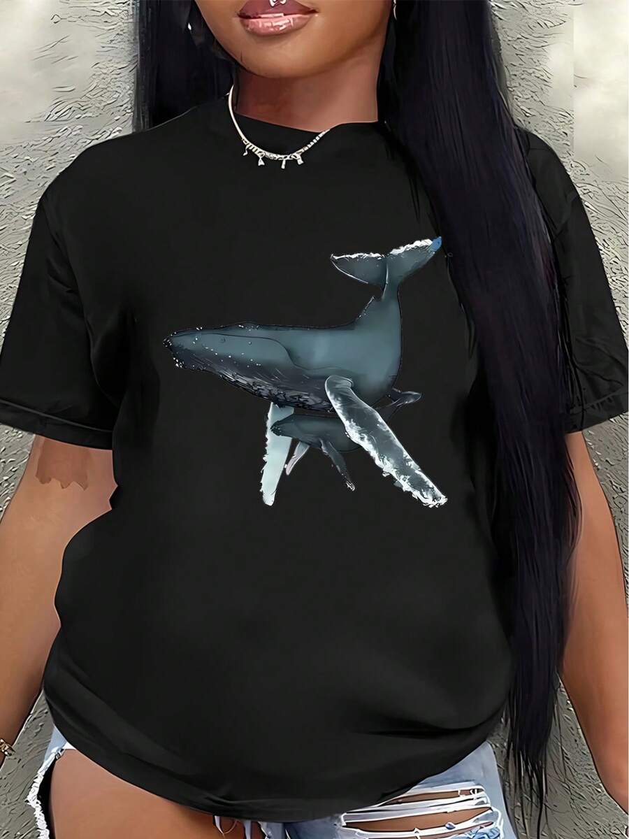 Short-Sleeved Polyester T-Shirt With Whale Print, Casual Wear, Lightweight And Durable Design, Suitable For Outdoor Activities And Everyday Wear, Comfortable For Adults At Home, In Parks Or At The Beach. Women's Blouses > Clothing - 黑色 - 查看 1