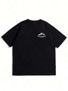 Men's Casual Short-Sleeved T-Shirt With Crew Neck, Mountain Pattern And Summer Slogan - 黑色 - 查看 5