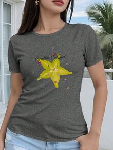Women's T-Shirt, 100% Cotton, Regular Fit, Short Sleeve - 2D Geometric Star Design With Colorful Gemstone Details, Fallen Angel Text In The Center, Casual Crew Neck, Suitable For All Seasons, Available In Multiple Colors And Sizes, Party Fashion - 杏色 - 查看 8