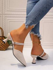 Sandalias de tacón bajo negras con punta cerrada para mujer, sandalias de moda con punta puntiaguda de ante, zapatos de mujer adecuados para bodas, fiestas y uso diario - Beis - Ver 4
