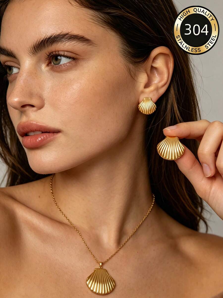 Bộ 1 dây chuyền mặt dây bằng thép không gỉ chống thấm nước, không phai màu, thanh lịch và thời trang, phù hợp cho nữ giới đeo hàng ngày, hẹn hò, dự tiệc, ăn tối. - Vàng - Xem 1