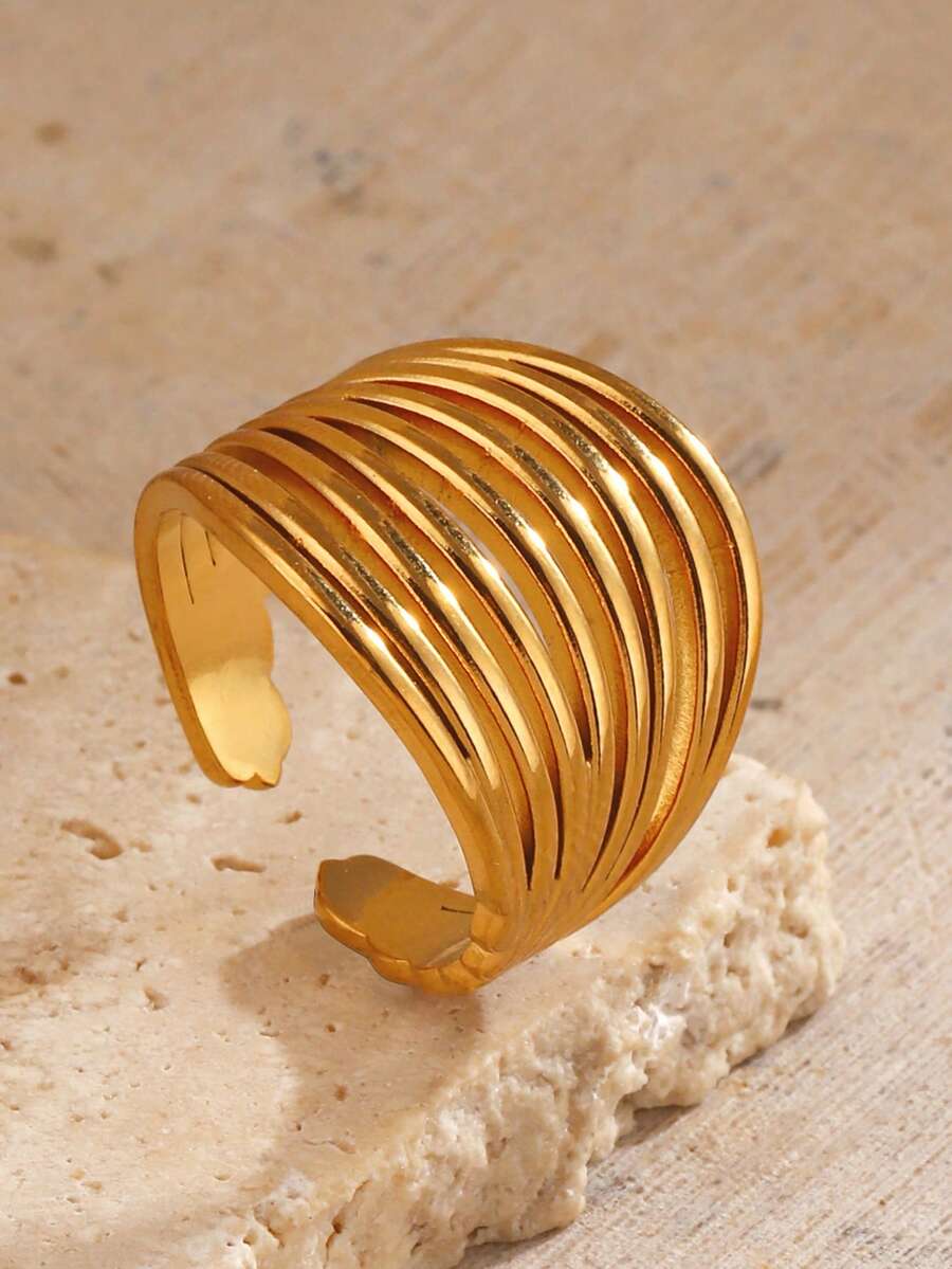 1pc 18K Gold Plated Stainless Steel Fashionable Geometric Line Open Ring, Suitable For Women's Daily, Party And Gathering Wear - Yellow Gold - View 1