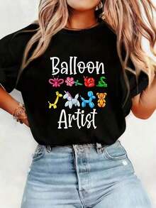 Camiseta Negra con Estampado de Artista de Globos Diseño Divertido con Figuras de Globos y Texto Balloon Artist para Mujer - Negro - Ver 5