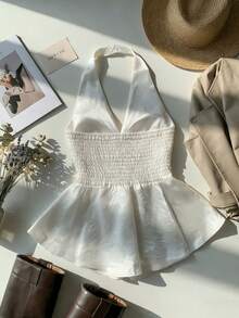 Áo camisole nữ mùa hè dây mảnh, cổ chữ V sâu xoắn trước, thiết kế nhún chun lưng, không tay, màu trắng, phong cách thường ngày - trắng - Xem 3