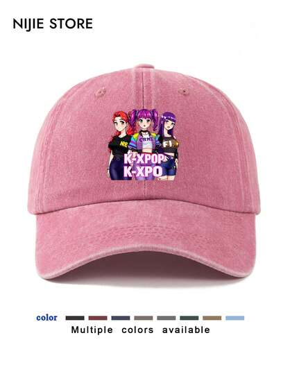 1pc K-Pop Cartoon Girl Group Theme Printed Baseball Cap, Featuring 3 Energetic Girl Images: Blue-Purple Gradient Ponytail With Crop Top, Pink Bun With Colorblock Jacket, Blue-Green Gradient Curly Hair With Vibrant Outerwear, Decorated With Star Elements, Unisex Adjustable Sun Hat Suitable For Casual Outings, Gatherings With Friends, Music Festivals, Anime Conventions, Travels, Outdoor Activities, A Creative Gift For Friends And Anime Fans