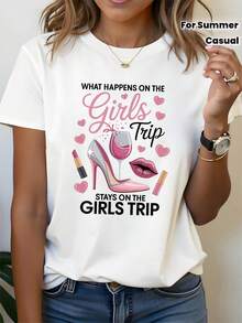 Exclusively For Girls' Trips, This Women's Short-Sleeved Crew Neck T-Shirt With A "GIRLS TRIP" Print Is Perfect For Casual Shopping, Holiday Gifts, And Outfits For Girls' Get-Togethers And Vacations. A Universal Basic Style. - 白色 - 查看 1