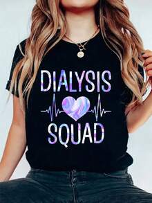 Women's Dialysis Equipment Print T-Shirt - Nurse T-Shirt With Renal Science And Technology Design, Featuring A Heartbeat Line And Iridescent Purple Print, Stretchy Fabric, Machine Washable, Regular Fit, Casual Summer Shirt. - 黑色 - 查看 1