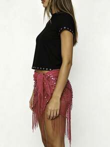 Women Y2K Glam Fringe Belly Wrap, Sequin Embellished Sheer Mesh Asymmetrical Tie Waist Skirt Cover Up For Club Party  Night Out - 粉色 - 查看 3