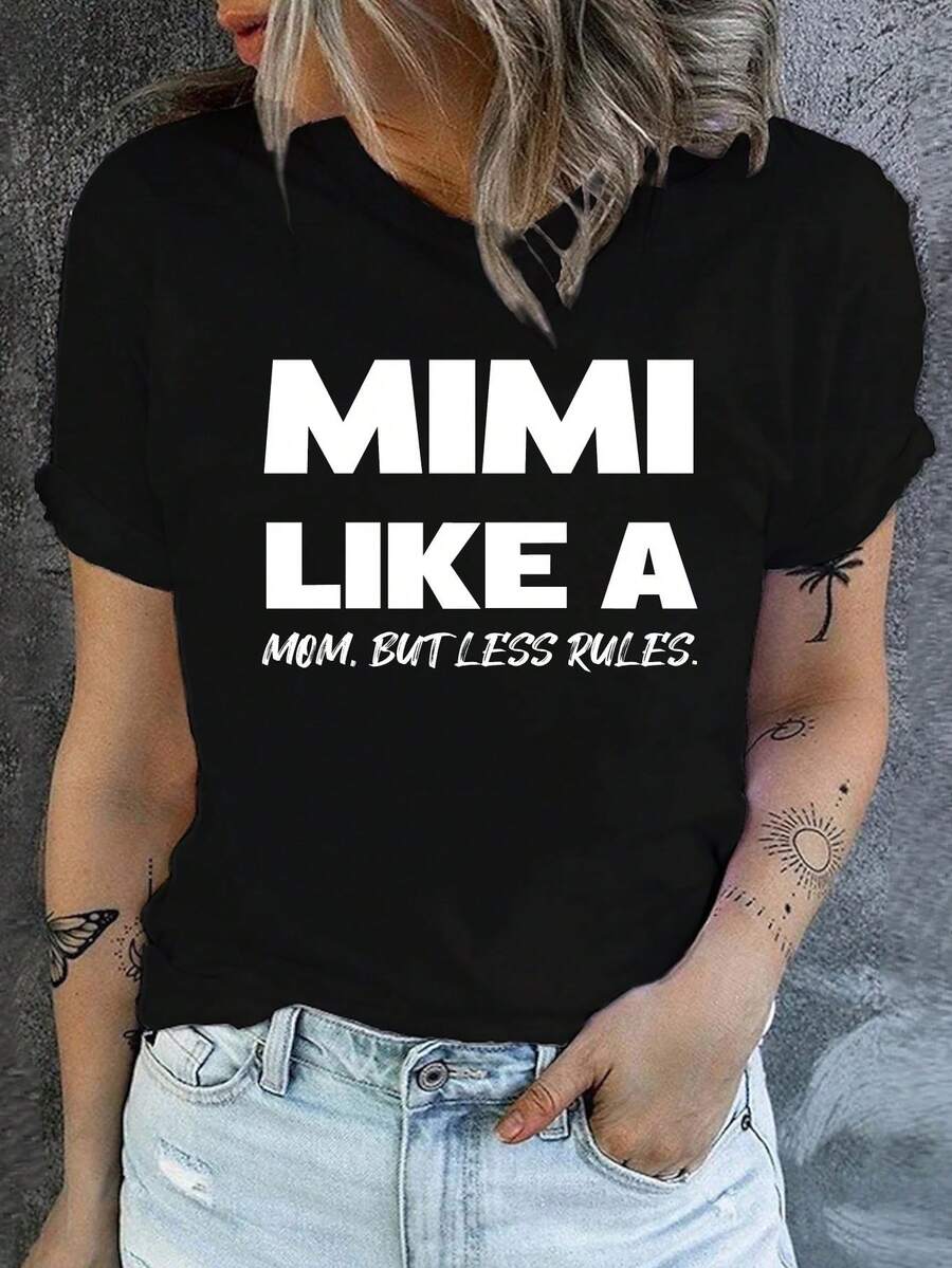 Funny T-Shirt For Women "Mimi Is Like A Mother, But With Fewer Rules" - Casual Short-Sleeved T-Shirt With Round Neck And Text - Lightweight T-Shirt For Summer, Women's T-Shirt, Funny Print T-Shirt, Comfortable Fit T-Shirt. - 黑色 - 查看 1