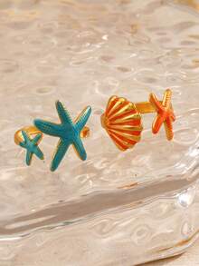 2pcs/Set Stainless Steel Enamel Starfish & Shell Ring Set, Suitable For Women's Summer Beach Vacation Wear - Multicolor - View 3