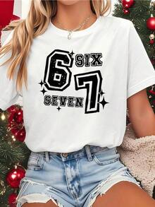 Regalo: 1 camiseta blanca para mujer con estampado de números y letras, cuello redondo, camiseta casual de algodón, tejido de punto de elasticidad media, corte regular para damas, para primavera/verano/otoño, suave. - Blanco - Ver 6