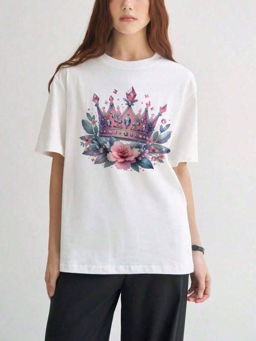 Gift For Women: Short-Sleeve T-Shirts With Interesting Prints, Beautiful Clothing. Round Neck T-Shirt With White Crown Floral Print Design For Casual Wear, Soft. - 白色 - 查看 1