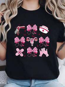 Women's 100% Cotton T-Shirt With Flirty Bow Print For Nurse Gynecologist On Valentine's Day, Round Neck And Short Sleeve, For Casual Summer Wear Graphic T-Shirt P Summer Essentials, Summer Outfits For Women, Graphic Tees Everyday Wear - 黑色 - 查看 1