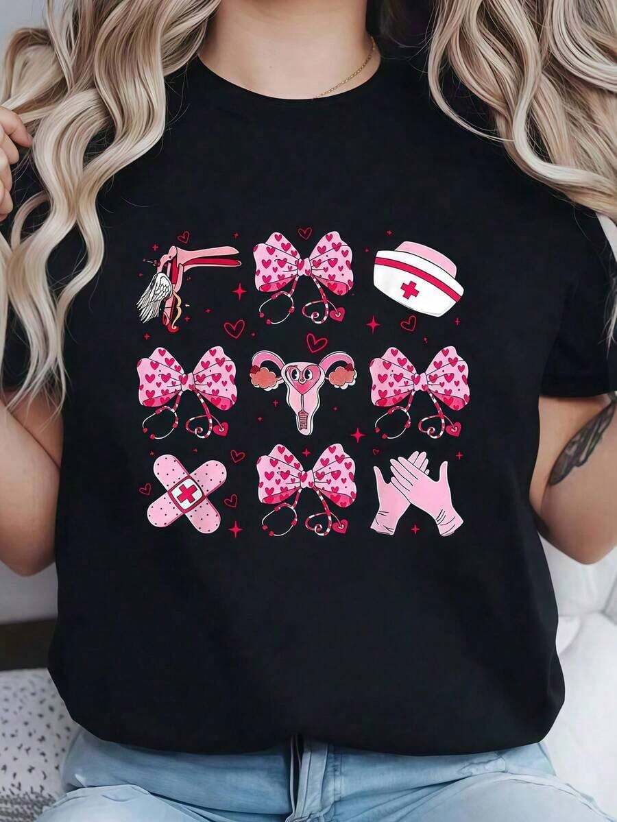 Women's 100% Cotton T-Shirt With Flirty Bow Print For Nurse Gynecologist On Valentine's Day, Round Neck And Short Sleeve, For Casual Summer Wear Graphic T-Shirt P Summer Essentials, Summer Outfits For Women, Graphic Tees Everyday Wear - 黑色 - 查看 1