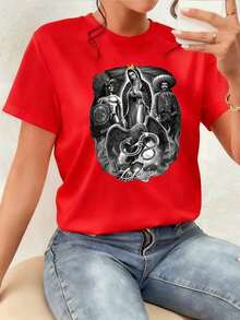 Powerful Eagle Holding A Serpent Surrounded By Figures Representing The Union Between Ancestral  Strength, Spiritual Devotion, And Mexican Identity With Intense Symbolic Details And A Heroic Aura. Women's T-Shirt, 100% Cotton. New Summer Women's T-Shirt, Casual And Comfortable Crew Neck Top - 白色的 - 查看 7