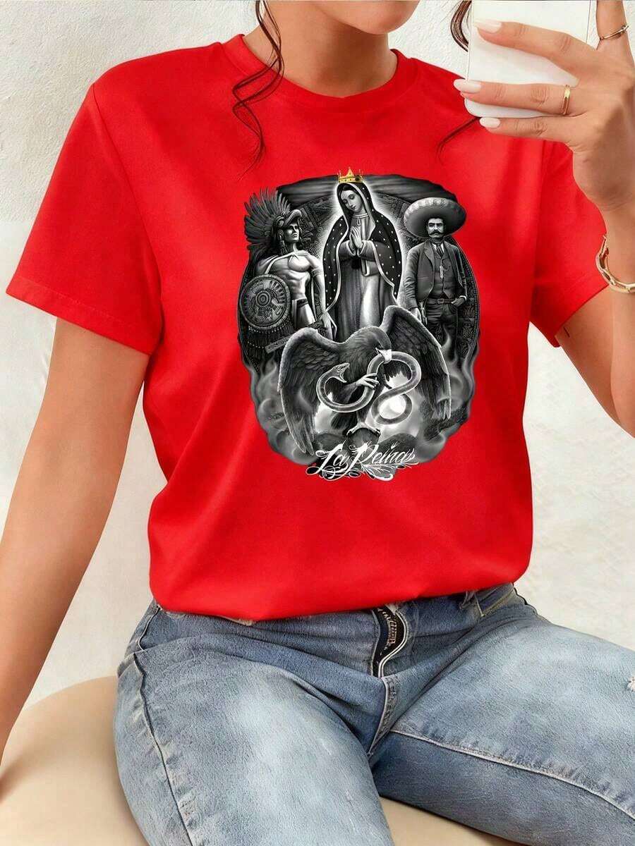Powerful Eagle Holding A Serpent Surrounded By Figures Representing The Union Between Ancestral Strength, Spiritual Devotion, And Mexican Identity With Intense Symbolic Details And A Heroic Aura. Women's T-Shirt, 100% Cotton. New Summer Women's T-Shirt, Casual And Comfortable Crew Neck Top - 紅色的 - 查看 1