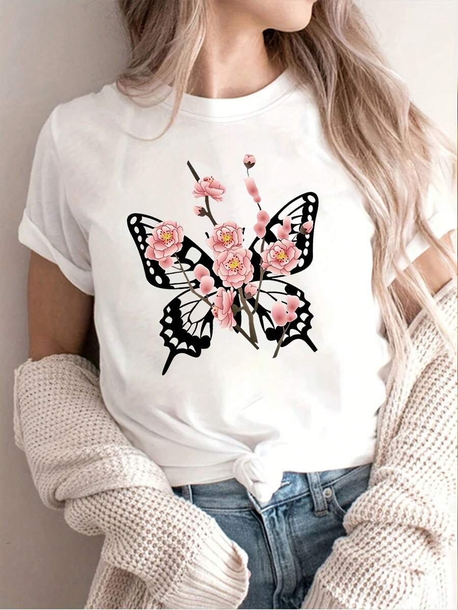 Round Neck T-Shirt With Butterfly Print, Casual Short Sleeve Top For Spring And Summer, Women's Clothing, Elegant Party Outfit, T-Shirt For Elegant Ladies, Blouses Suitable For Curvy Women, Prom Skirts, Casual Wear, Adorable Animal Print, Fun Letter Print, Combinable With Street Fashion - 白色 - 查看 1