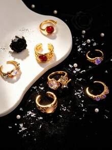 10Pcs/Lot Exquisite Fashion Pink Rhinestone Women's Rings, Elegant Butterfly Heart Jewelry Accessories For Romantic Dates Daily Wear Gift(No Box) - 10-piece Pink Rhinestone Cat's Eye Ring - View 9