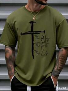 Men's Christian Faith Graphic T-Shirt - Way, Truth, Life Cross Design, 100% Cotton, Breathable Short Sleeve T-Shirt, Suitable For Casual And Outdoor Wear In Spring And Summer, Religious Theme Clothing, Bold Comfortable Style Graphic T-Shirt, Christian T-Shirt - Unisex Plus Size Top - 軍綠色 - 查看 1