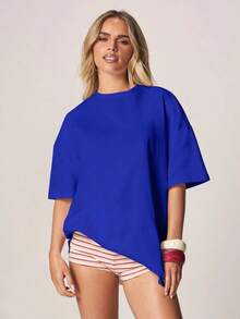 ropa de mujer  Puerto Rico Camiseta de algodón oversize con estampado en la espalda para vacaciones de verano en la playa, camiseta gráfica casual, camisas de mujer - Azul - Ver 2