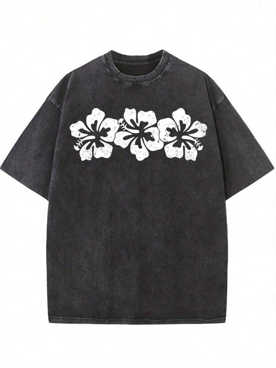 Yunove Unisex 230g Loose Fit Washed T-Shirt For Men & Women - Vintage Hibiscus Floral Print, Relaxed Fit Crew Neck T-Shirt In Heather Grey, Breathable Unisex Summer T-Shirt For Men And Women, Plus Size Casual Beachwear, Machine Washable, Gift, Beach T-Shirt, Soft Texture Clothing Suitable For All Seasons, The Perfect Gift For Him. - 黑色 - 查看 1