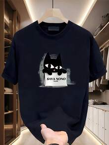 Camiseta de manga corta de algodón puro pesado, marca de moda, estampada, nueva de verano para hombres, talla grande, versátil y casual - Negro - Ver 1