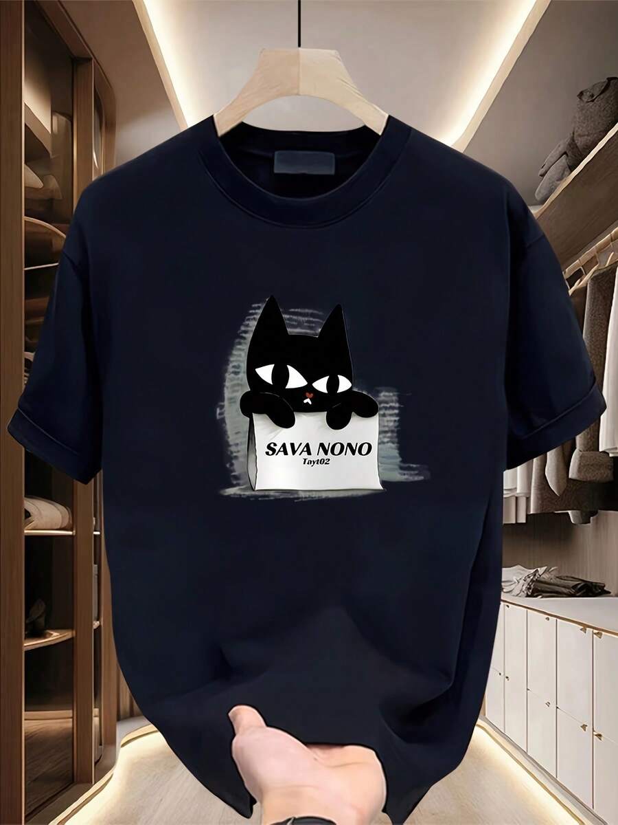 Camiseta de manga corta de algodón puro pesado, marca de moda, estampada, nueva de verano para hombres, talla grande, versátil y casual - Negro - Ver 1