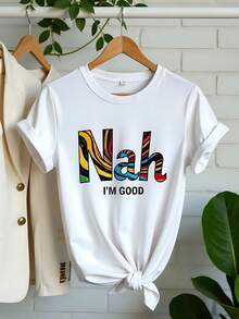Camiseta Deportiva Casual para Mujer - Camiseta Blanca de Manga Corta y Cuello Redondo con Diseño de Texto Abstracto, Elástica y Lavable aáquina, Ajuste Cómodo para Todas las Estaciones, para Uso Diario. - Blanco - Ver 1