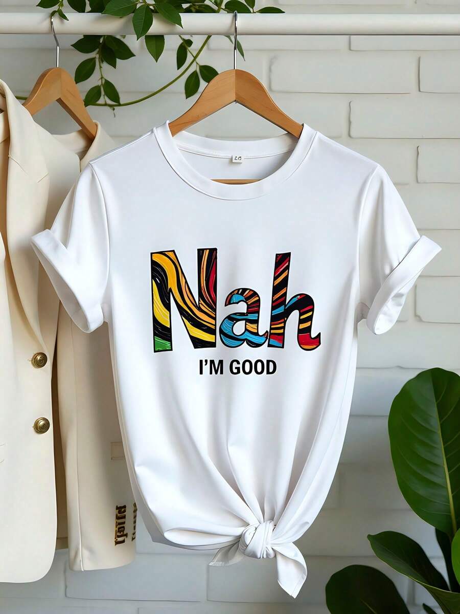 Camiseta Deportiva Casual para Mujer - Camiseta Blanca de Manga Corta y Cuello Redondo con Diseño de Texto Abstracto, Elástica y Lavable aáquina, Ajuste Cómodo para Todas las Estaciones, para Uso Diario. - Blanco - Ver 1