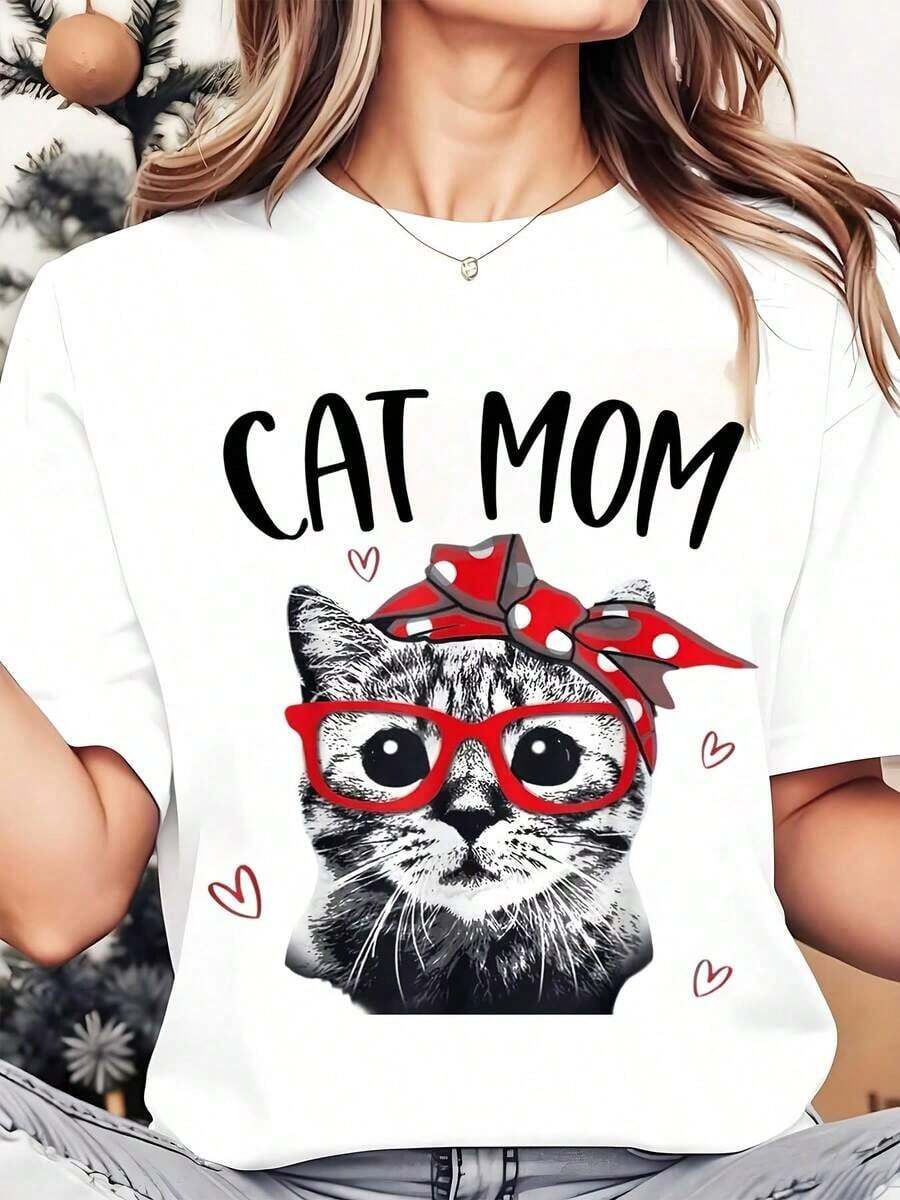 Soft, Breathable, And Lightweight For All-Day Comfort. Women's Crew Neck T-Shirt With A Cat Mom Print Featuring Glasses And A Bow, Ideal For Casual Wear During Christmas And Holidays, 220g. Classic Crew Neck With A Relaxed Fit That Flatters All Body Shapes And Is Easy To Pair With Jeans, Shorts, And Leggings. - 白色 - 查看 1