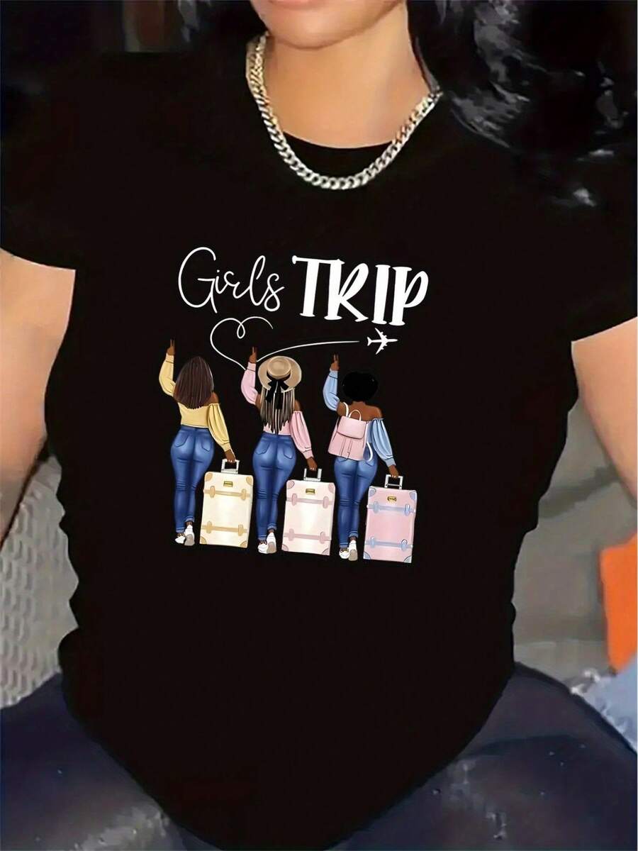 1 Women's Short Sleeve Travel T-Shirt, Lightweight And Durable, With Round Neck And Print, Comfortable Medium Elasticity Fabric, Stylish Printed Design, Perfect For Travel, Outdoor Activities, Parties And Gatherings, Suitable For Daily Wear In All Seasons, 180g 100% Cotton. - 黑色 - 查看 1