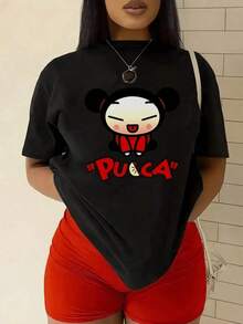 Cheerful Figure With A Smiling Face And Round Shape Conveys Positive Energy And A Fun Spirit, Ideal For Showcasing A Jovial And Modern Character. Casual Women's T-Shirt With A Striking Print And Comfortable For Everyday Wear | Exquisite Design | Loose And Comfortable | Easy To Match | - 黑色 - 查看 1