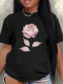 This Lightweight And Durable Short-Sleeved T-Shirt With A Pink Rose Design Is Perfect For Casual Wear At Home, Work, Or Outdoor Activities. Made From Soft Fabric, It Offers All-Day Comfort. - 黑色 - 查看 1