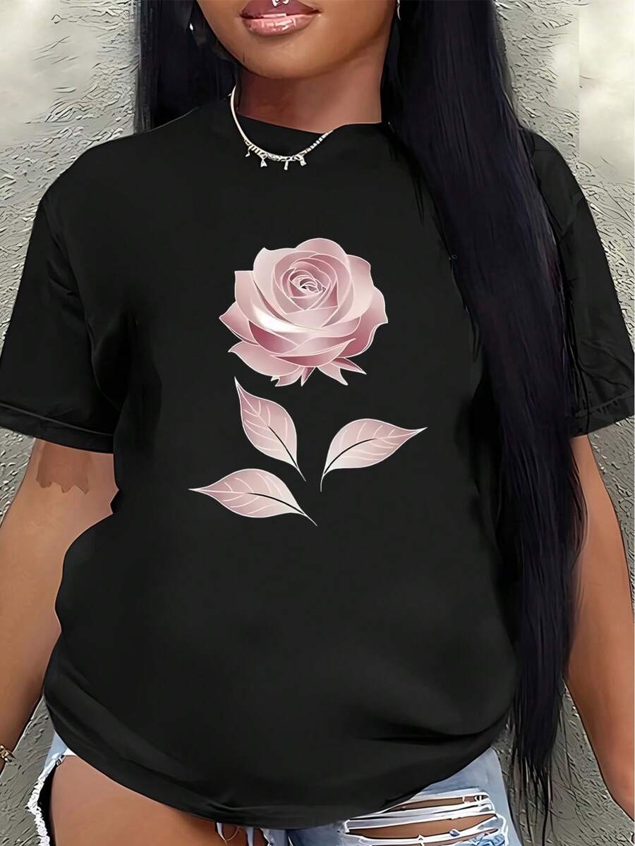 This Lightweight And Durable Short-Sleeved T-Shirt With A Pink Rose Design Is Perfect For Casual Wear At Home, Work, Or Outdoor Activities. Made From Soft Fabric, It Offers All-Day Comfort. - 黑色 - 查看 1