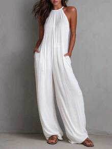 White Wide-Leg Jumpsuit With Pleats And Open Back, Perfect For A Holiday Look. - 白色 - 查看 6