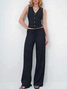 Women's Casual Commuting Minimalist Solid Color V-Neck Single-Breasted Fitted Cropped Tank Top And Drawstring Waist Straight Leg Pants Set - Black - View 6