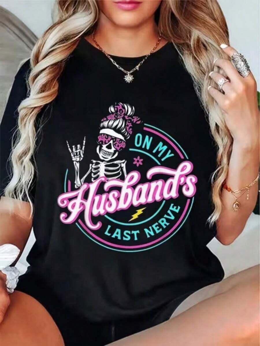 Camiseta Casual con Estampado de Calavera y Frase 'Esposa enojada, mi esposo enojado', Camiseta Diaria, Camiseta de Vacaciones, Camiseta Deportiva, Ropa de Mujer - Negro - Ver 1