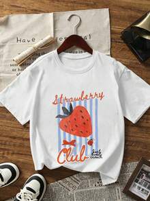 Casual Women's Round Neck Short Sleeve Strawberry Club Graphic Tee Drop Shoulder Knitted Fabric Top Summer - Blanco - Ver 2