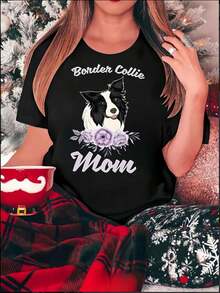Women's Casual Short Sleeve T-Shirt: Border Collie And Floral Print, Crew Neck, Relaxed Fit, Breathable Medium Stretch Fabric, All-Season Comfort, Machine Washable Pet Lover Clothing, Comfortable C - 黑色 - 查看 5