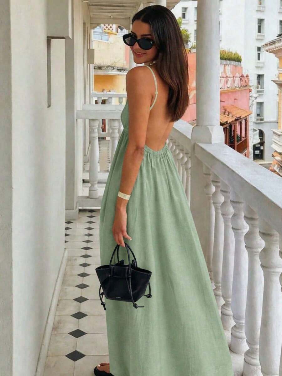 Vestido de verano de moda sin mangas con tirantes finos y espalda descubierta de unicolor para mujer - Verde militar - Ver 1