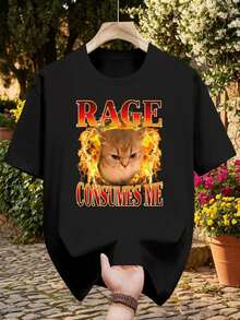 Funny Cat T-Shirt, Angry Cat Pattern, Sarcastic Kitten T-Shirt, Gift T-Shirt, Men's T-Shirt, Crew Neck, Short Sleeve, Modern And Casual, Comfortable And Breathable, Men's Clothing T-Shirt - 黑色 - 查看 1
